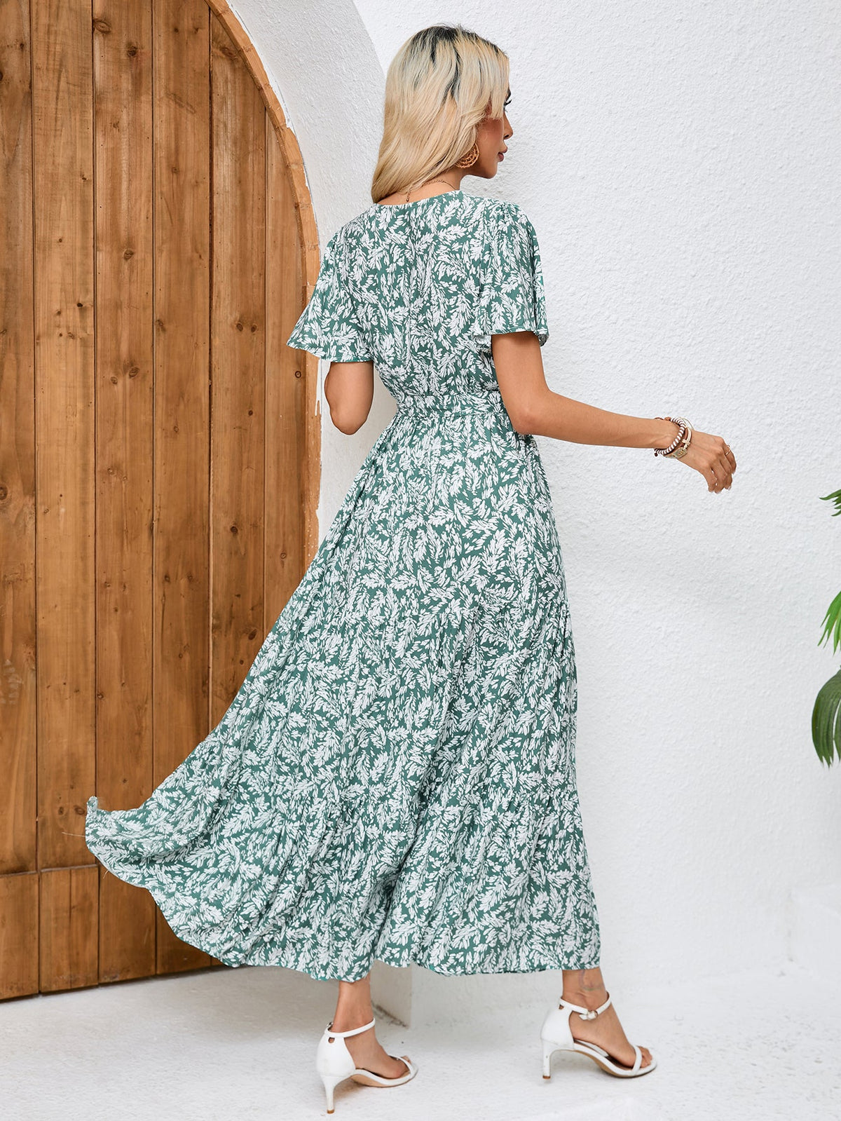 Women Summer Printed V Neck Tie A Line Maxi Dress