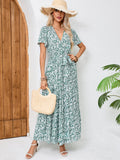 Women Summer Printed V Neck Tie A Line Maxi Dress