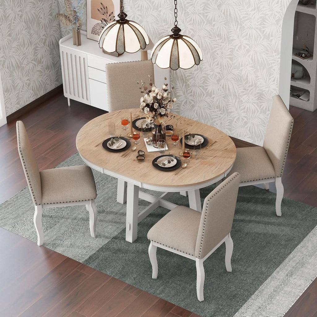 Juego de mesa de comedor redonda extensible estilo rústico, acabado roble con sillas tapizadas
