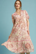 Umgee Full Size Printed Puff Short Sleeve Midi Dress Plus Size