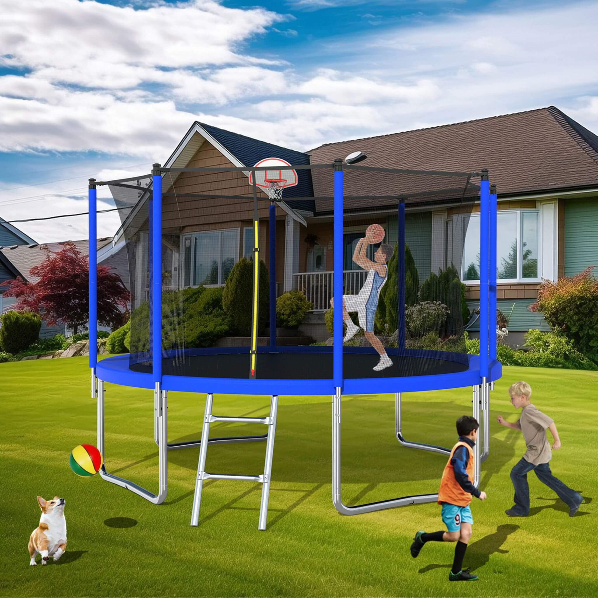 Trampolín de exterior premium de 3.65 m para niños y adultos con canasta de baloncesto y red de seguridad (SAK15723)
