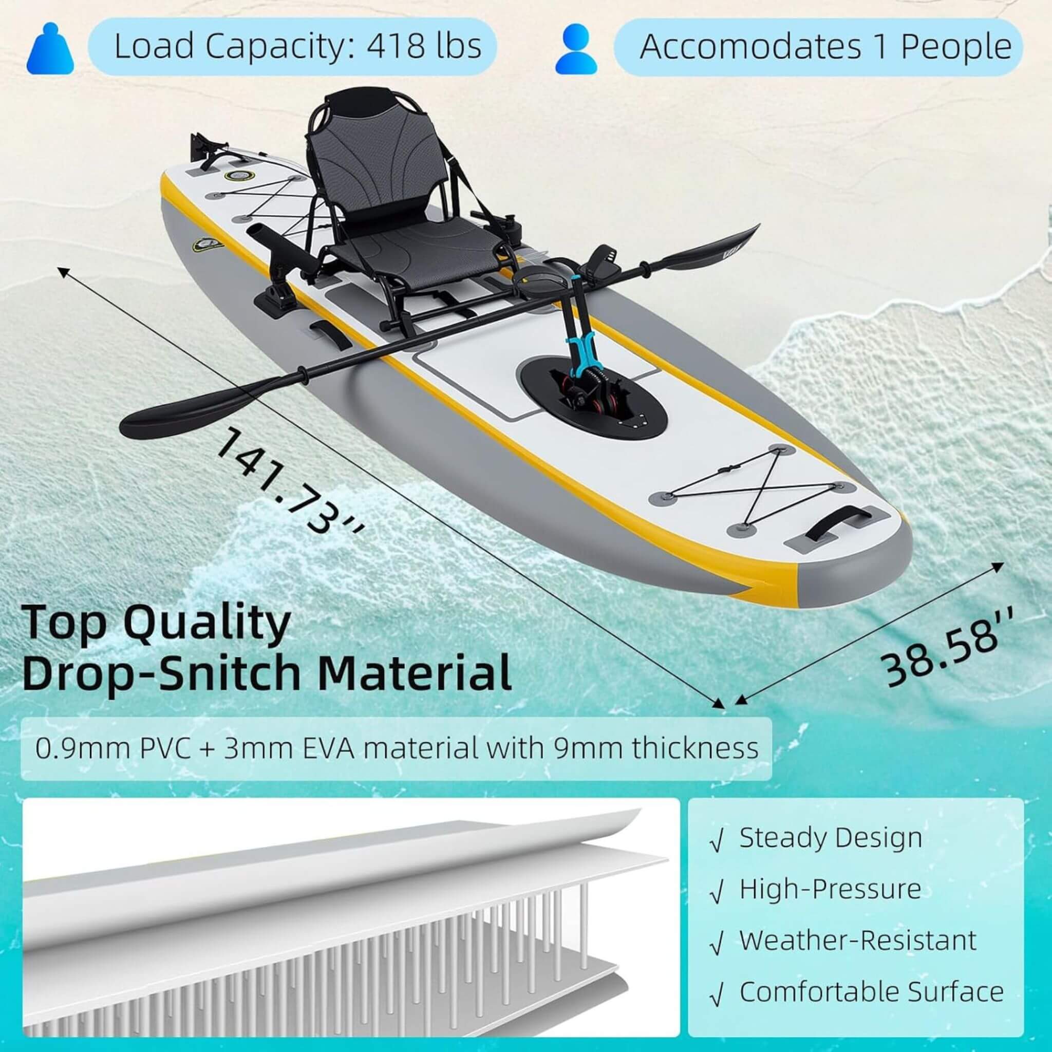 Kayak de pesca inflable portátil de PVC ligero de 12 pies con sistema de pedales (SAK64328)