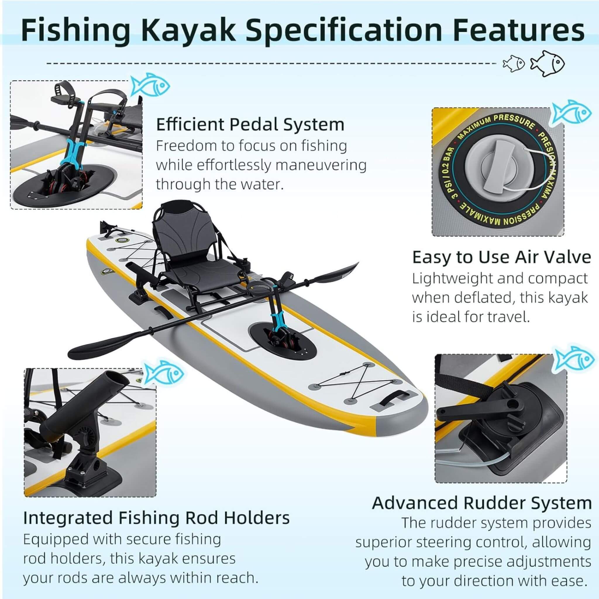 Kayak de pesca inflable portátil de PVC ligero de 12 pies con sistema de pedales (SAK64328)