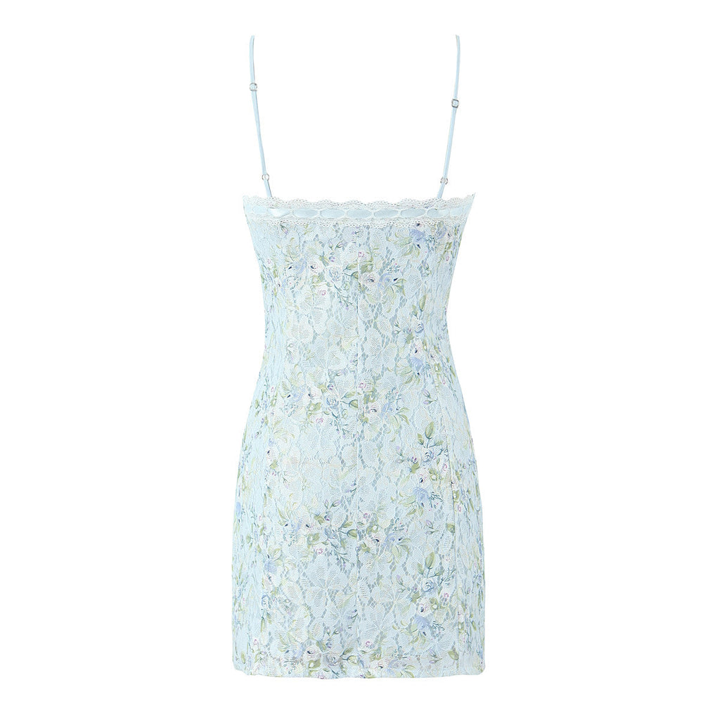 Dulce vestido corto con estampado elegante y encaje, con tirantes, estilo francés sexy y ajustado, de cadera.