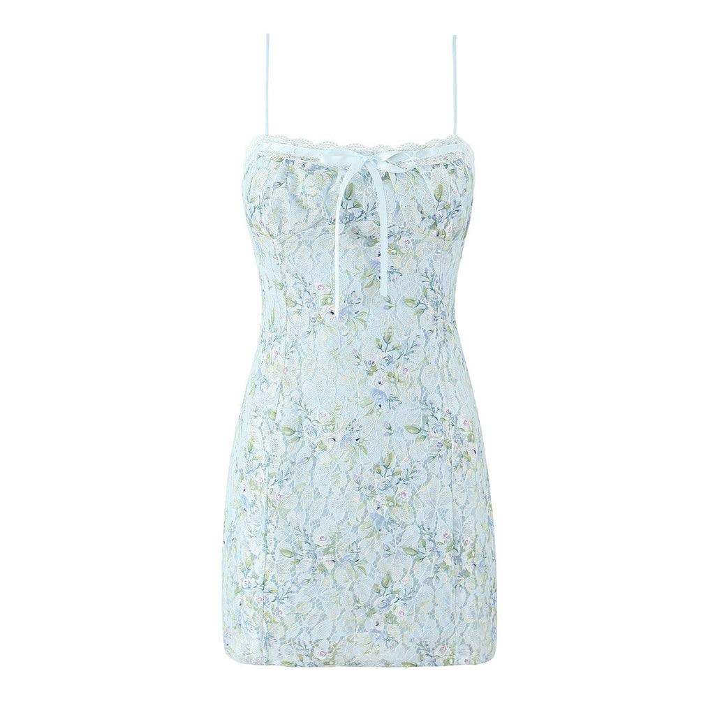 Dulce vestido corto con estampado elegante y encaje, con tirantes, estilo francés sexy y ajustado, de cadera.