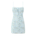 Dulce vestido corto con estampado elegante y encaje, con tirantes, estilo francés sexy y ajustado, de cadera.