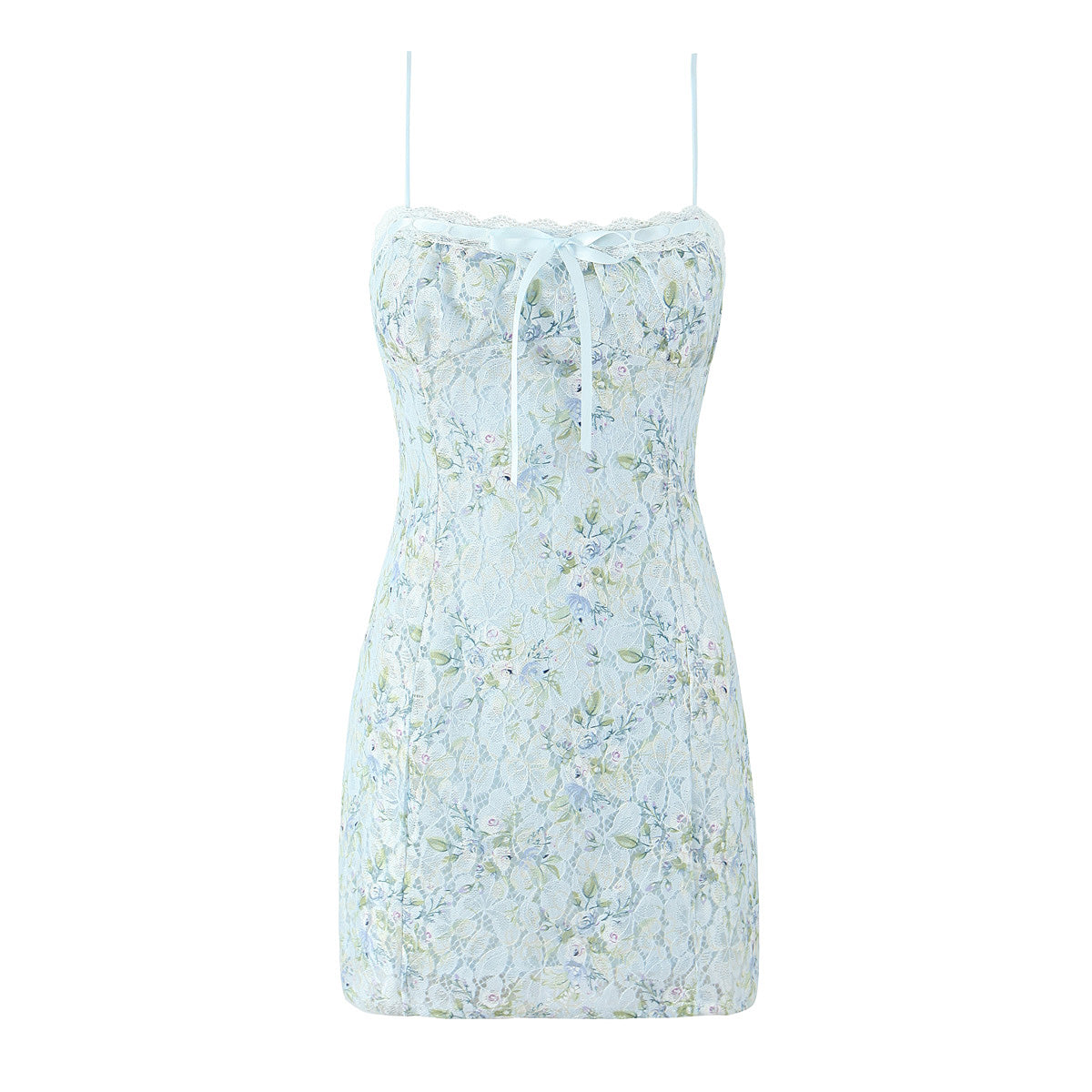 Dulce vestido corto con estampado elegante y encaje, con tirantes, estilo francés sexy y ajustado, de cadera.