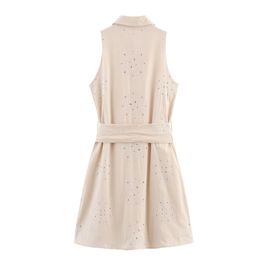 Women Clothing Summer Office Sleeveless Hollow Out Cutout Embroidery Short Dress