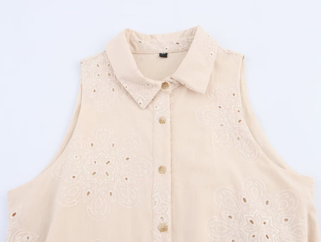 Women Clothing Summer Office Sleeveless Hollow Out Cutout Embroidery Short Dress