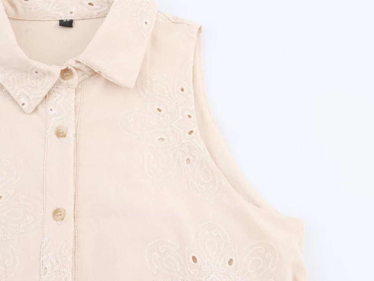 Women Clothing Summer Office Sleeveless Hollow Out Cutout Embroidery Short Dress