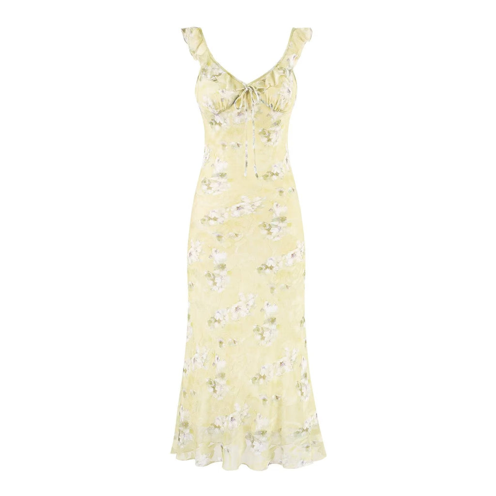 Summer Sexy V neck Flounce Chest Strap Small Floral Dress