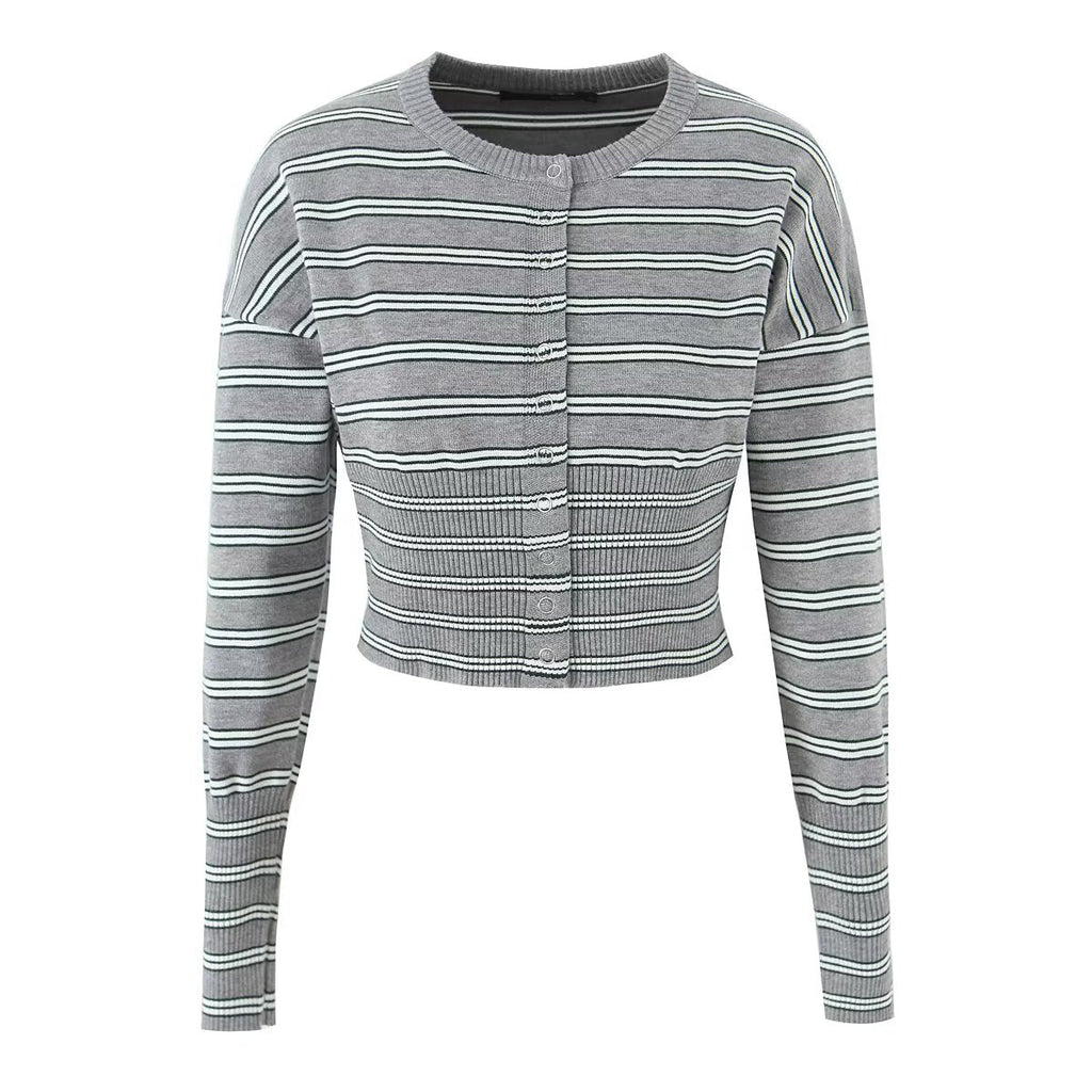 Fall Striped Sweater Top Sexy Slim Slimming Single Breasted Cardigan Coat for Women