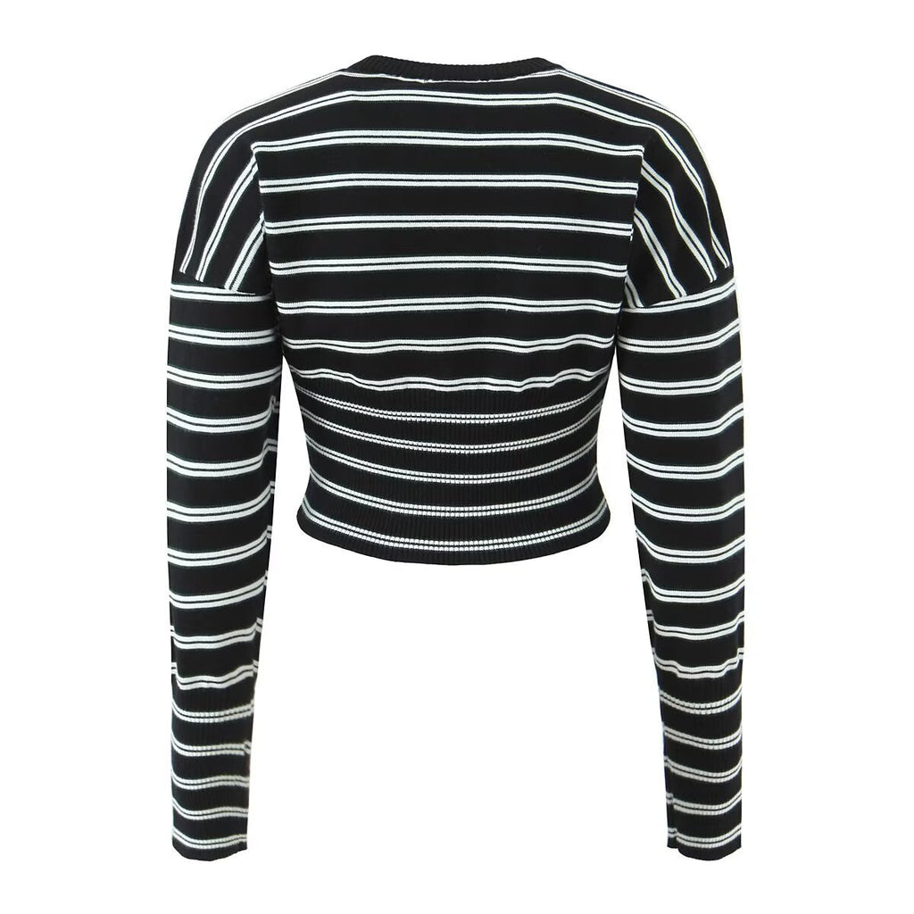 Fall Striped Sweater Top Sexy Slim Slimming Single Breasted Cardigan Coat for Women