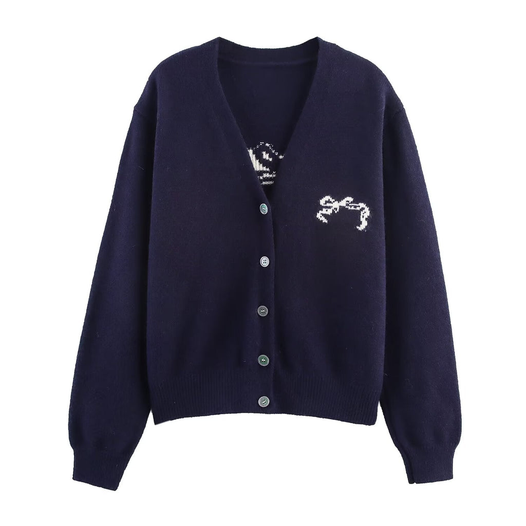 Autumn Women Casual All Match Loose Bow Ribbon Jacquard Sweater