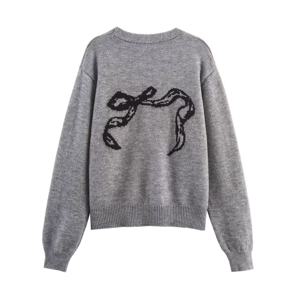 Autumn Women Casual All Match Loose Bow Ribbon Jacquard Sweater