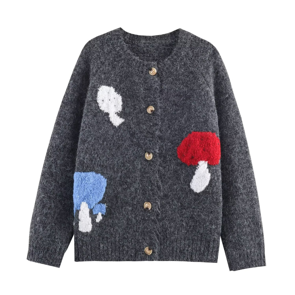 Mushroom Pattern Cute Button Cardigan Knitted Cardigan Loose Design Niche Sweater Outerwear
