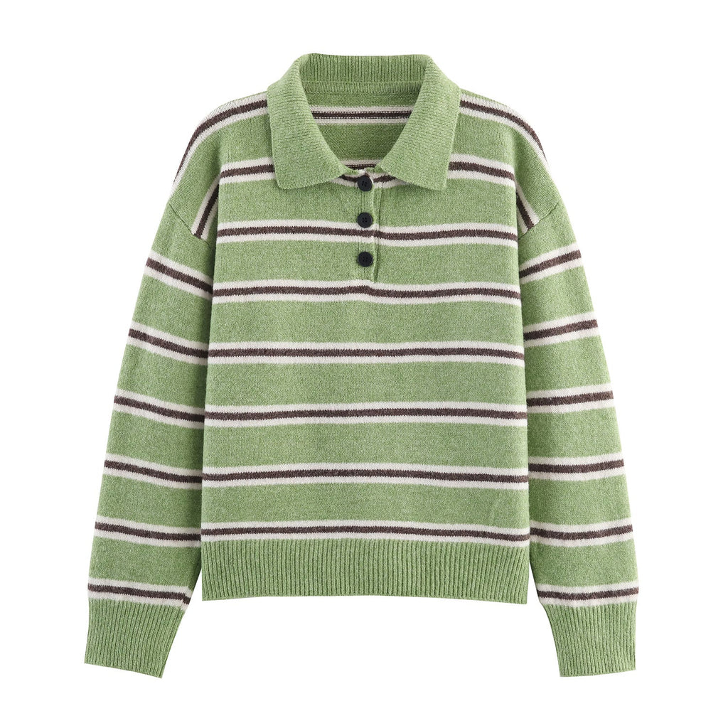 Fall Women Clothing Half Cardigan Button Pullover Polo Collar Stripes Knitted Sweater Top