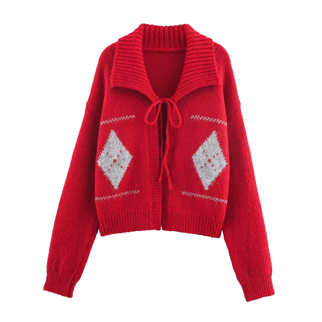 Idle Retro Lapels Jacquard Lace up Knitted Cardigan Autumn Loose Slimming Sweater Coat for Women