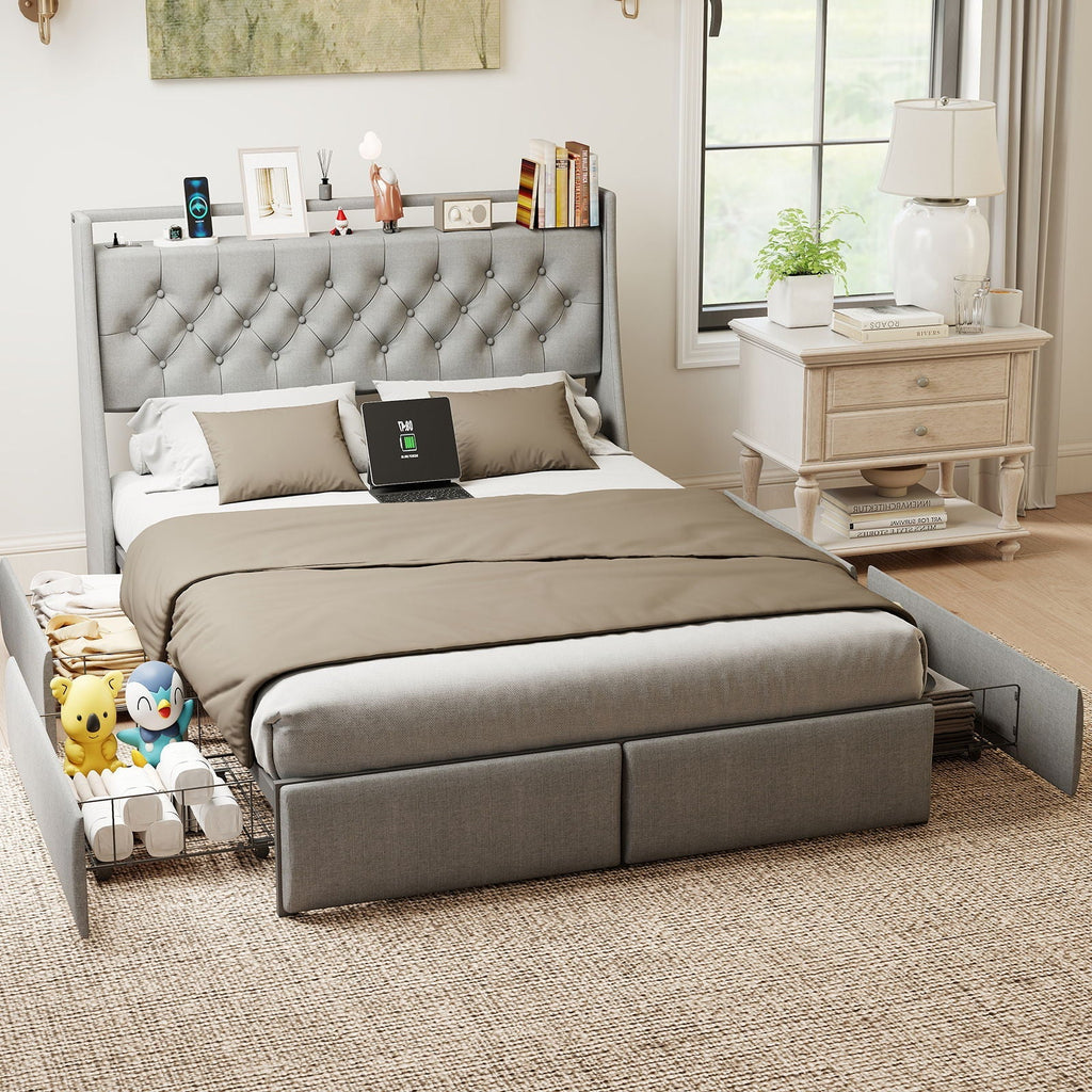 Queen Platform Bed Frame With RGB LED & Charging Station, Storage Headboard