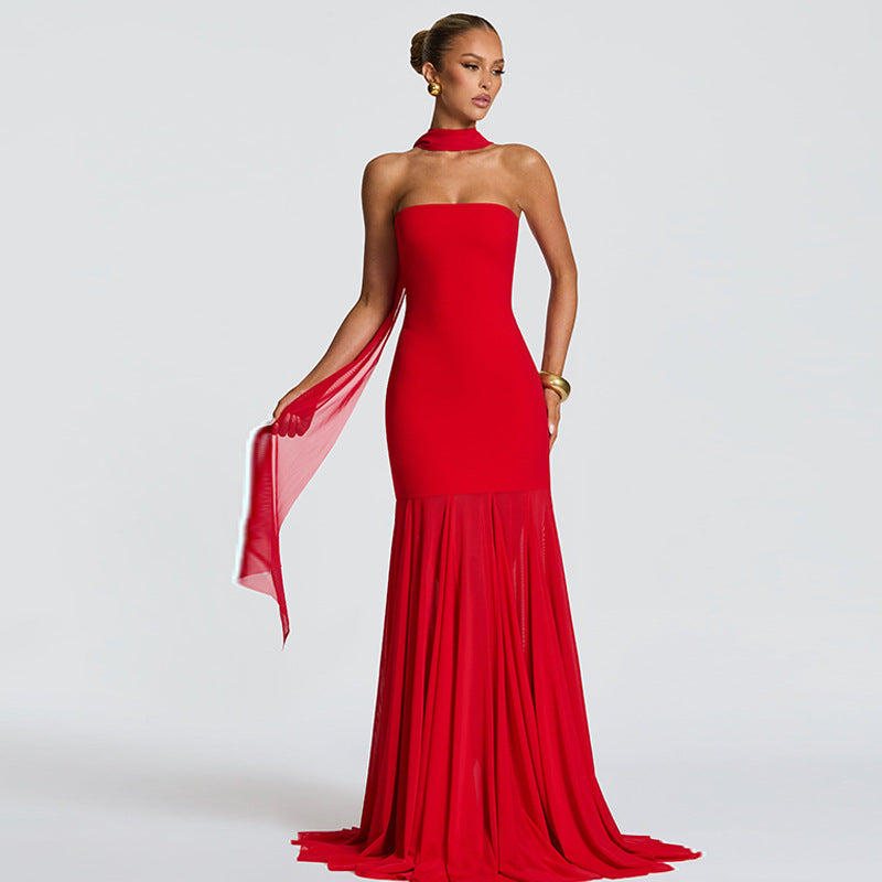 Vestido largo de noche para mujer, otoño-invierno, sexy, con costura de malla y top tubo