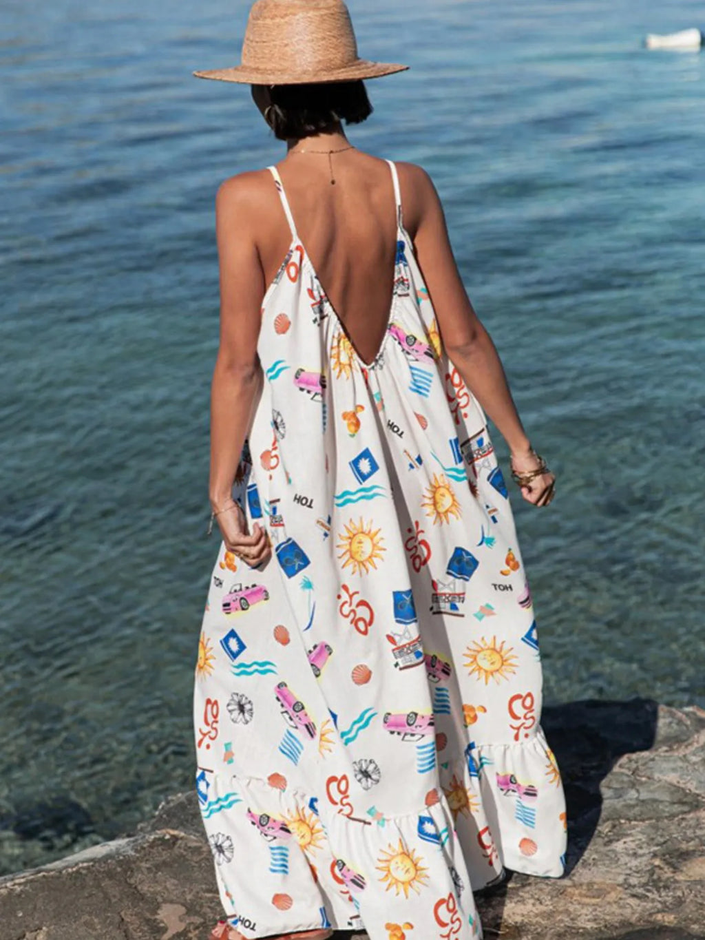 Bedrucktes sommerliches Maxikleid mit V-Ausschnitt
