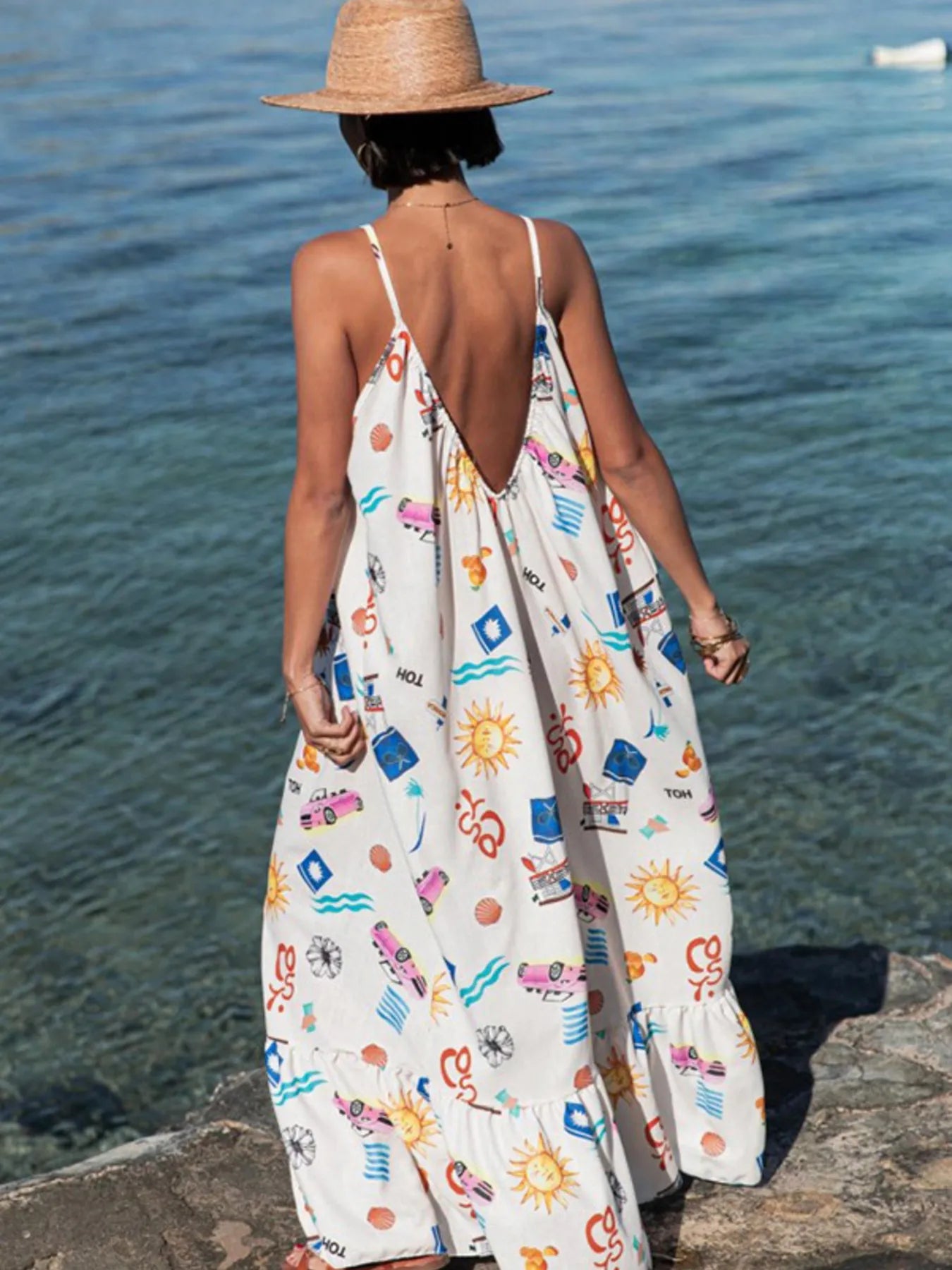 Bedrucktes sommerliches Maxikleid mit V-Ausschnitt