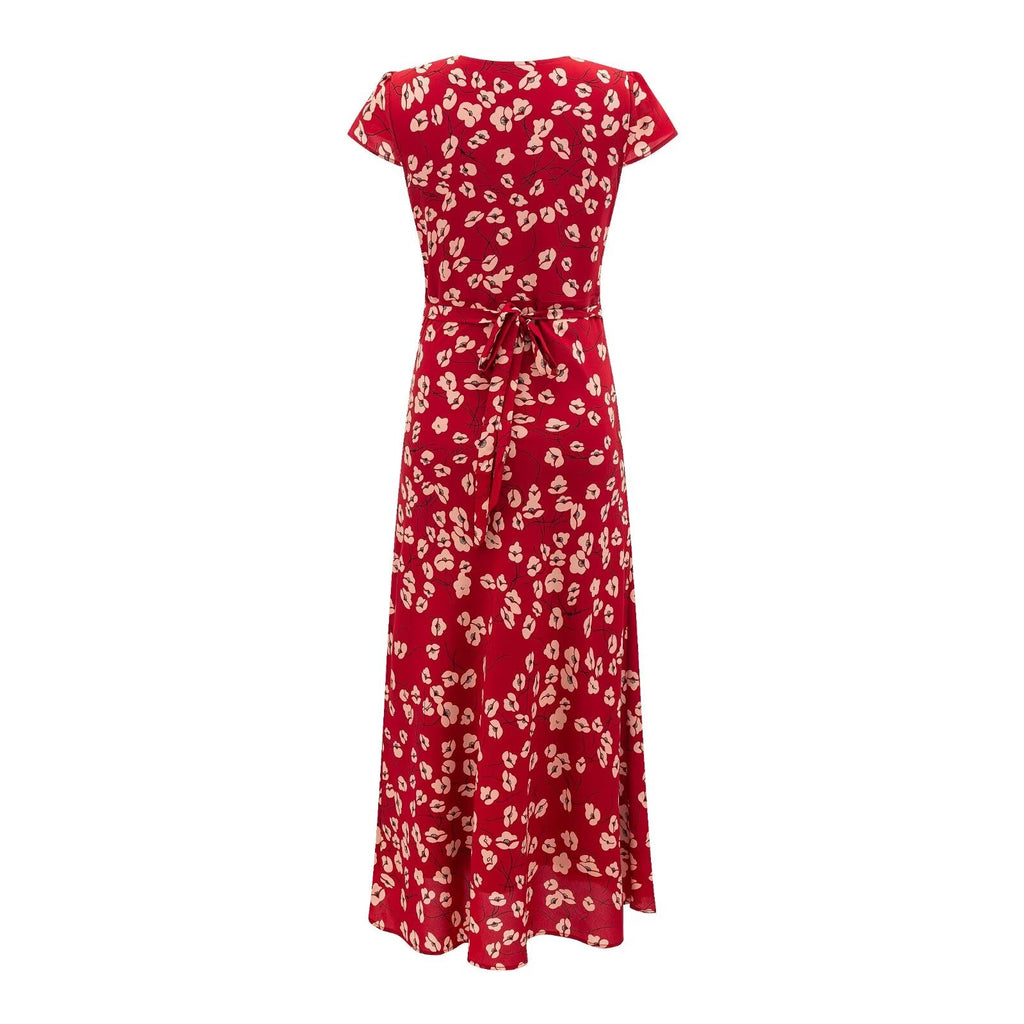 Vacation V neck Short Sleeved Red Dress Summer Waist Controlled Lace up Slim Elegant Floral Dress