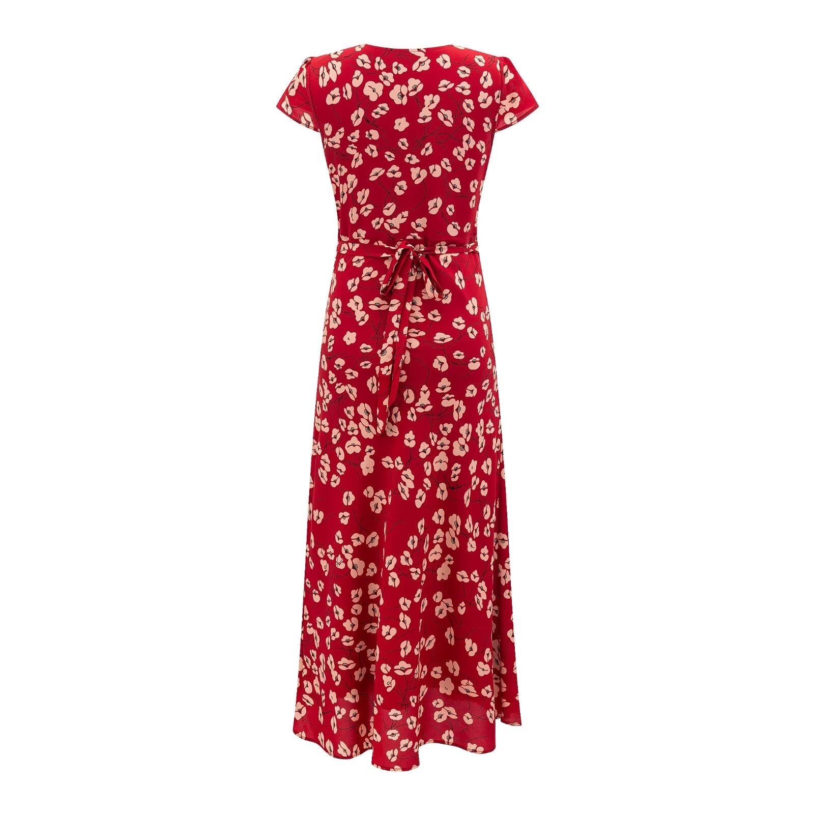 Vacation V neck Short Sleeved Red Dress Summer Waist Controlled Lace up Slim Elegant Floral Dress