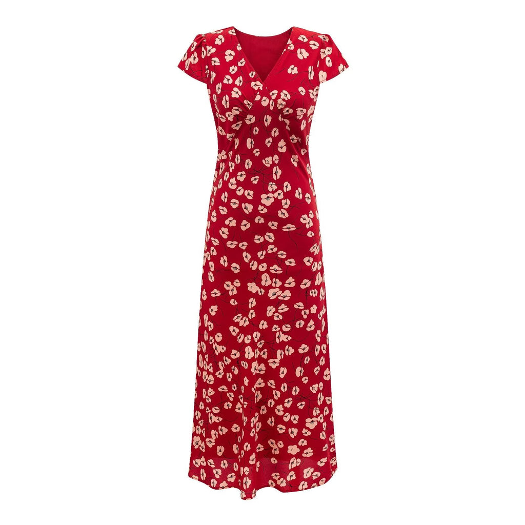 Vacation V neck Short Sleeved Red Dress Summer Waist Controlled Lace up Slim Elegant Floral Dress