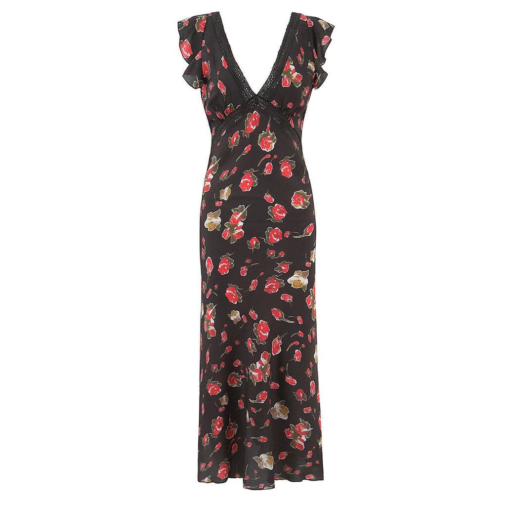 Women Clothing French Elegant Black Floral Dress