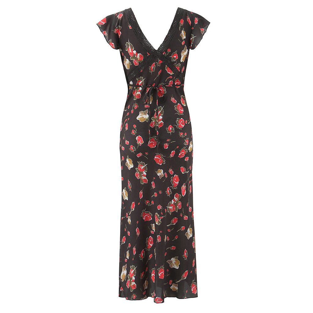 Women Clothing French Elegant Black Floral Dress