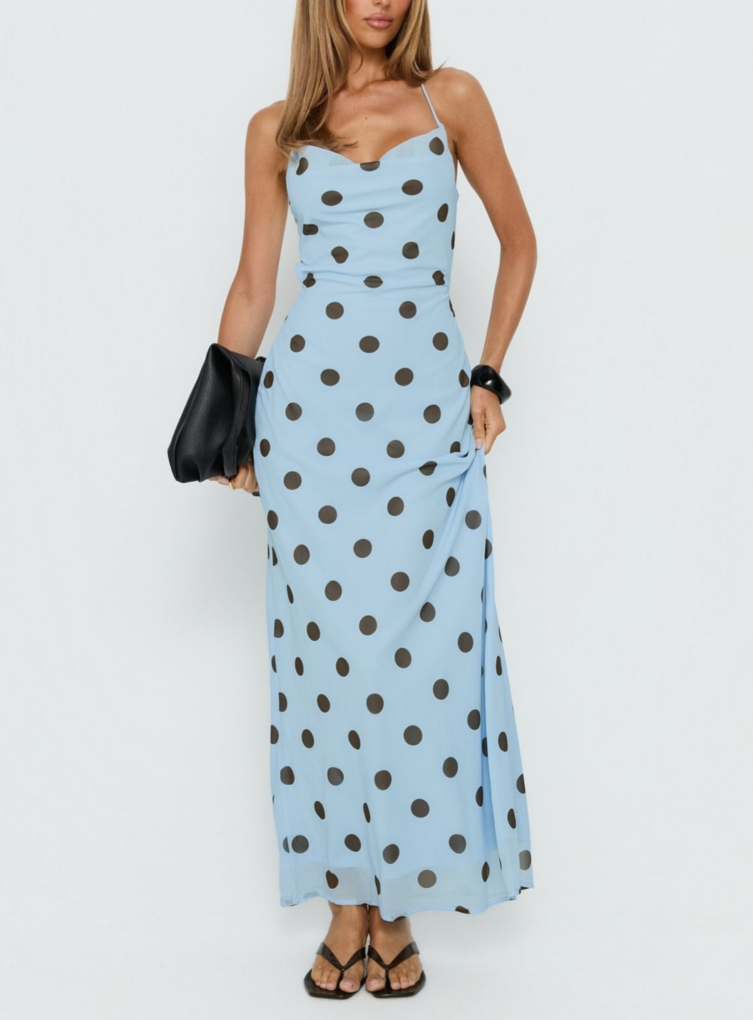 Vestido largo con diseño de lunares rosas suaves y elegantes para mujer, espalda descubierta, diseño de cordones y cintura ajustada
