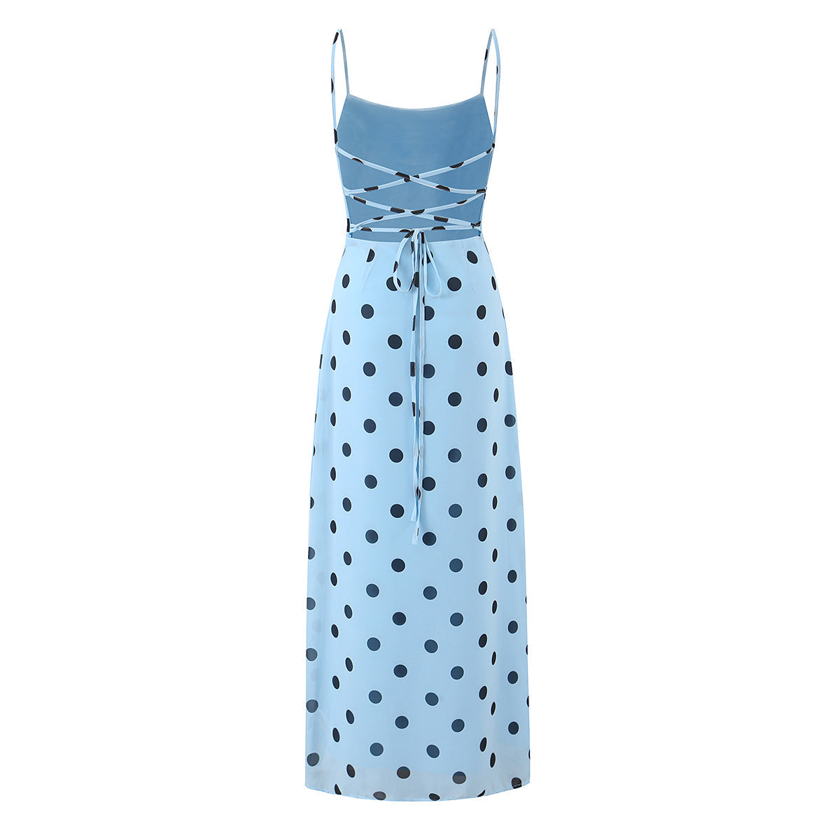 Vestido largo con diseño de lunares rosas suaves y elegantes para mujer, espalda descubierta, diseño de cordones y cintura ajustada