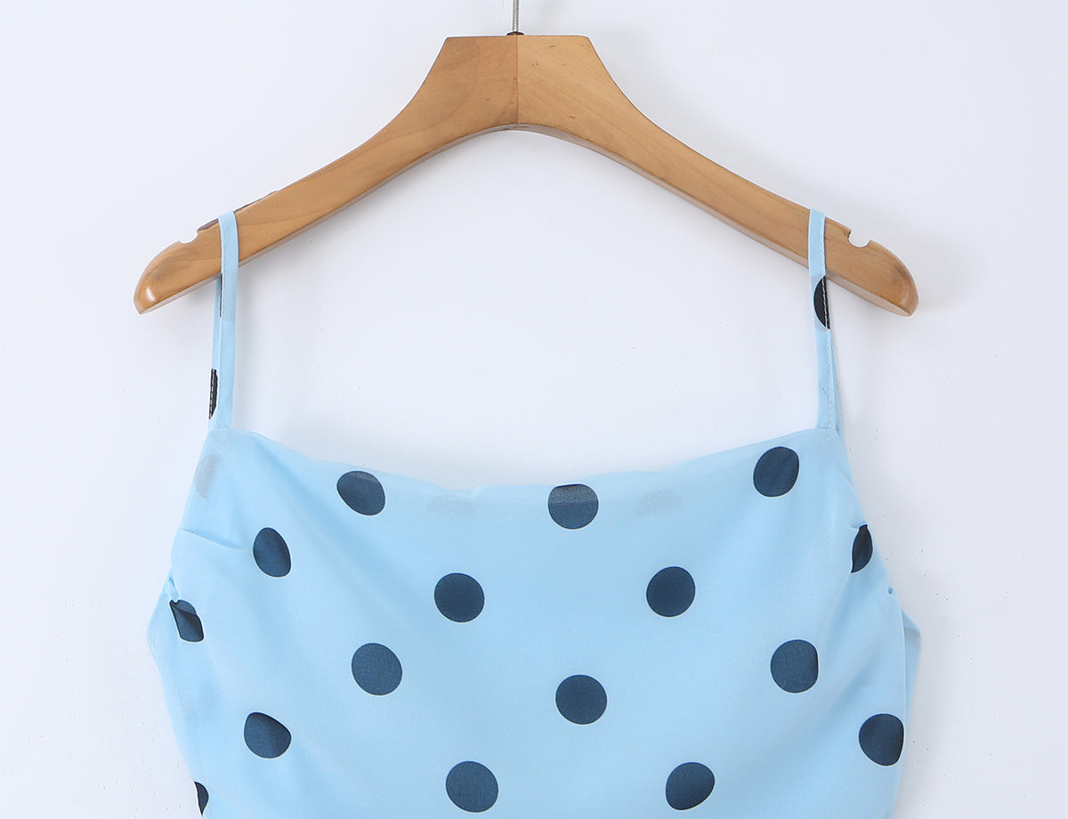 Vestido largo con diseño de lunares rosas suaves y elegantes para mujer, espalda descubierta, diseño de cordones y cintura ajustada