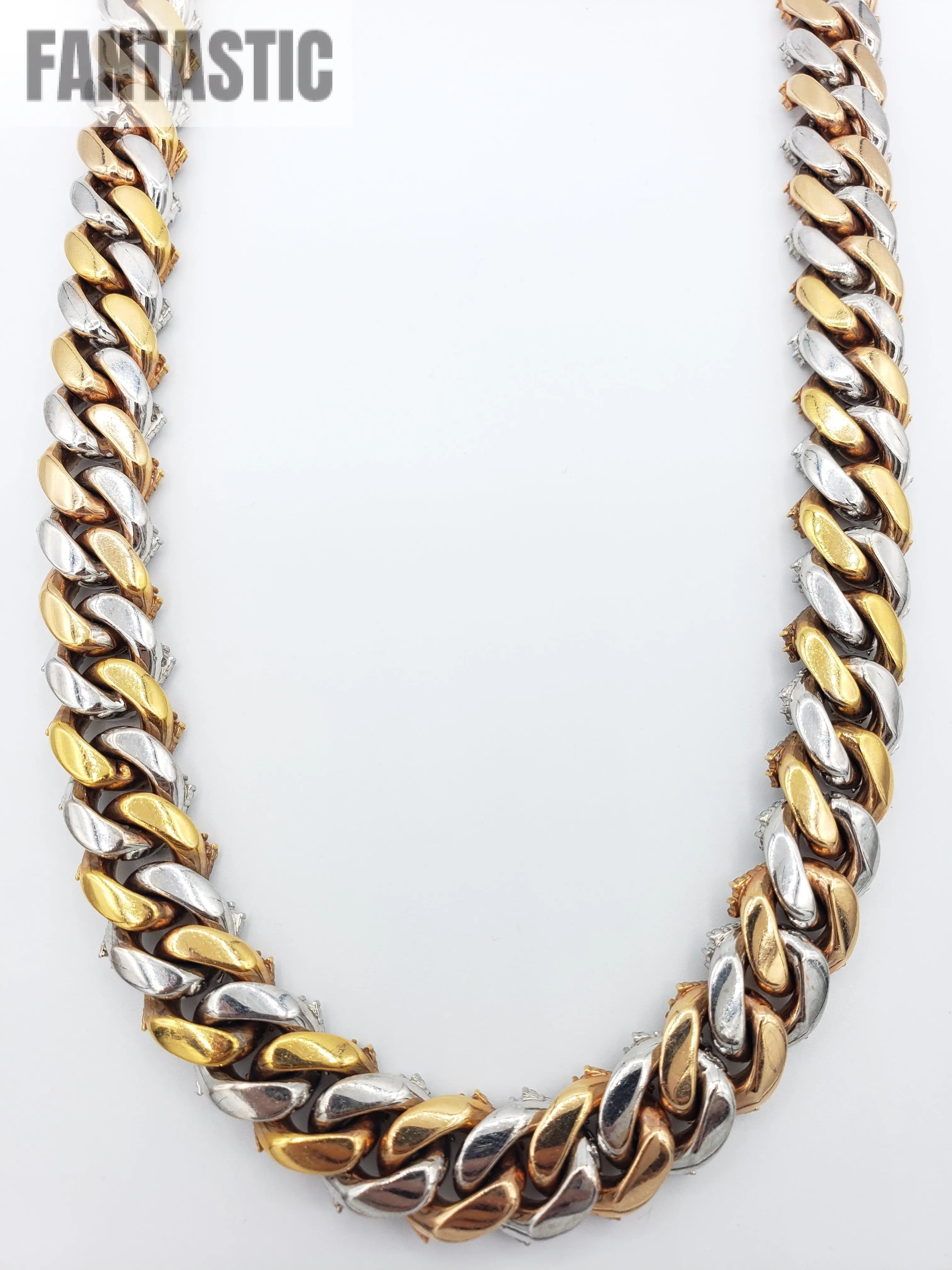 Cadena cubana Miami tricolor de oro de 14K con diamantes (264 gramos)