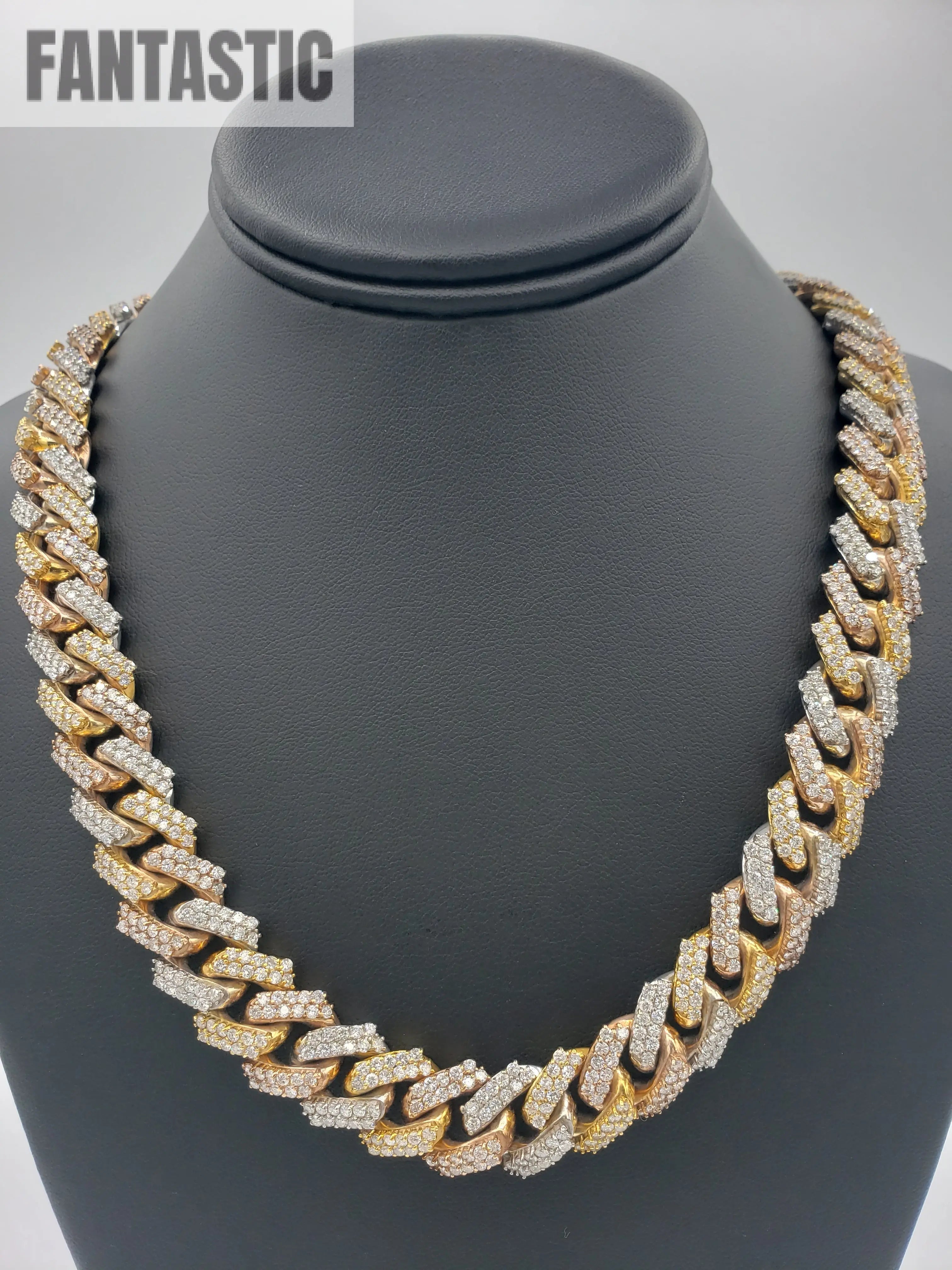 Cadena Cubana Miami de Oro de 14K con Diamantes Tricolor (331 Gramos)