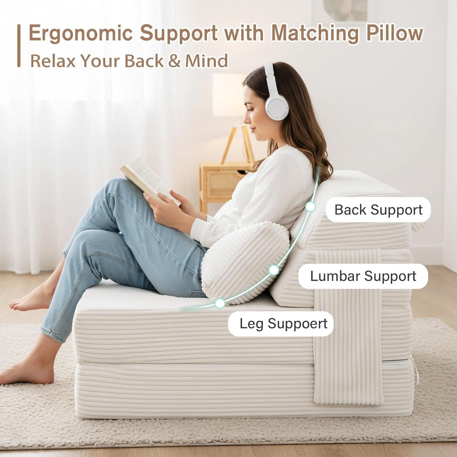Sofá cama plegable tapizado beige convertible para suelo