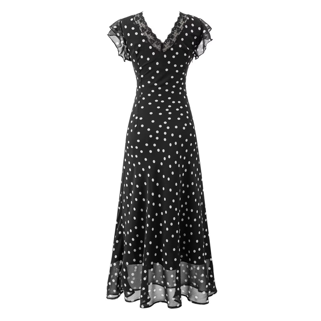 Summer Atmosphere Lace Stitching Vacation Floral Dress Flying Sleeves Slim Dress