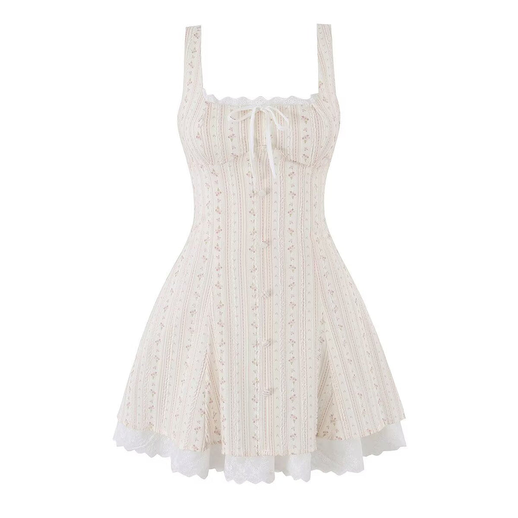 Women Clothing Summer Sweet Spaghetti Strap Waist Lace Stitching Floral Dress