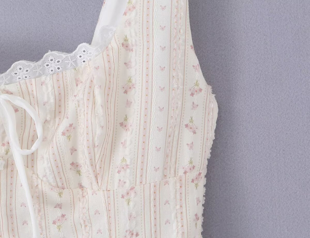 Women Clothing Summer Sweet Spaghetti Strap Waist Lace Stitching Floral Dress