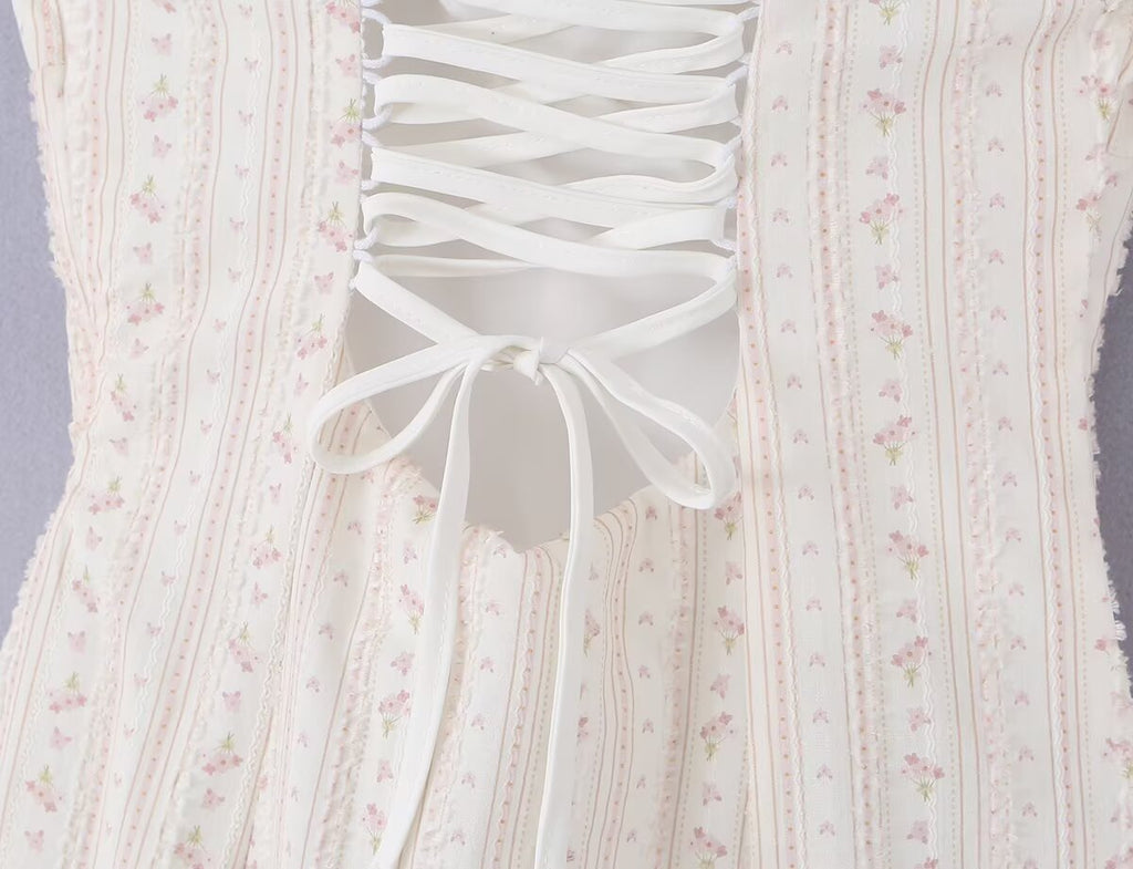 Women Clothing Summer Sweet Spaghetti Strap Waist Lace Stitching Floral Dress