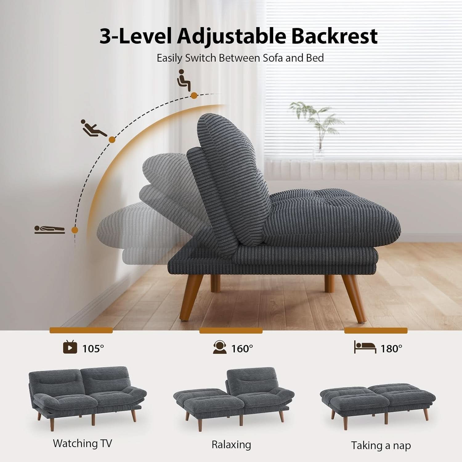 Sofá cama futón con respaldo ajustable de pana gris de 73 pulgadas