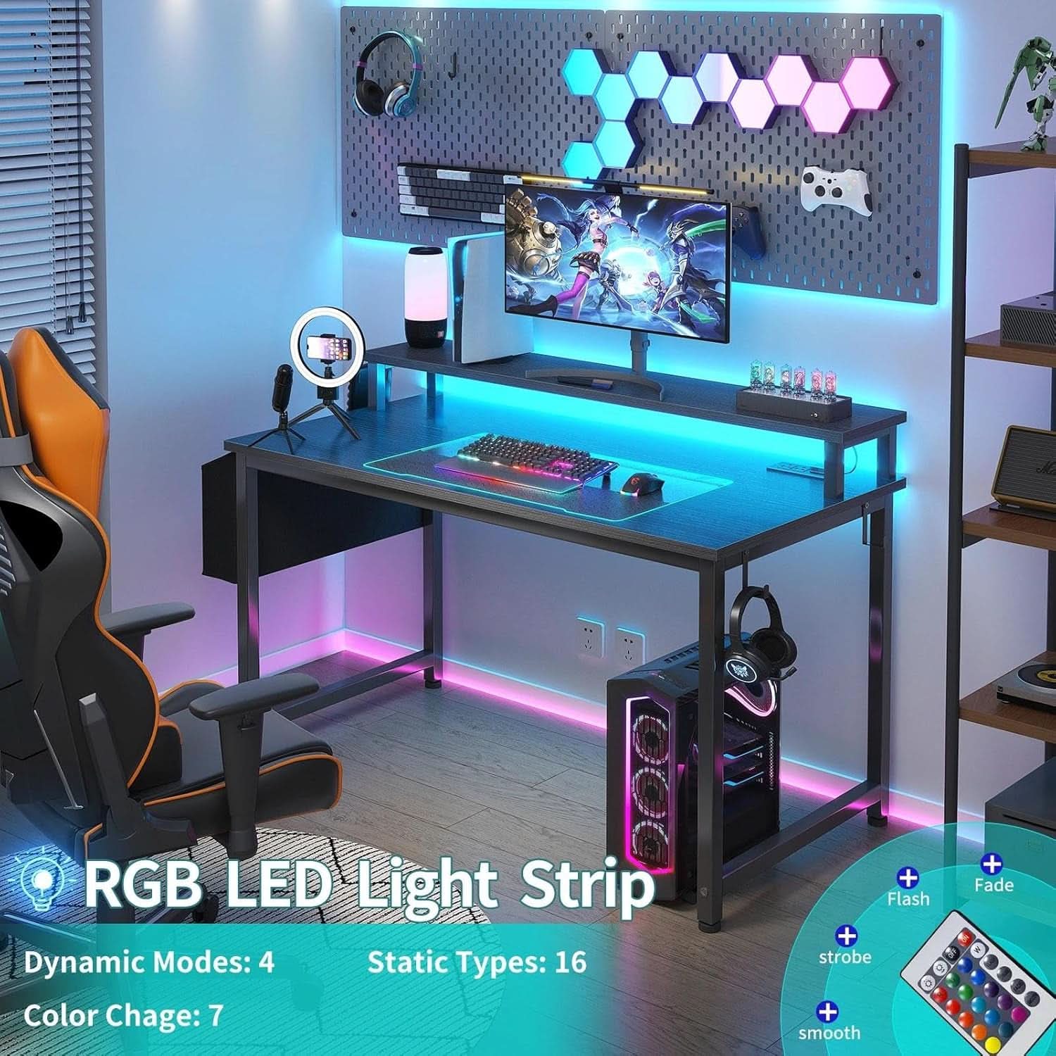 Escritorio de juegos de 40 pulgadas de ancho con efectos de iluminación RGB LED