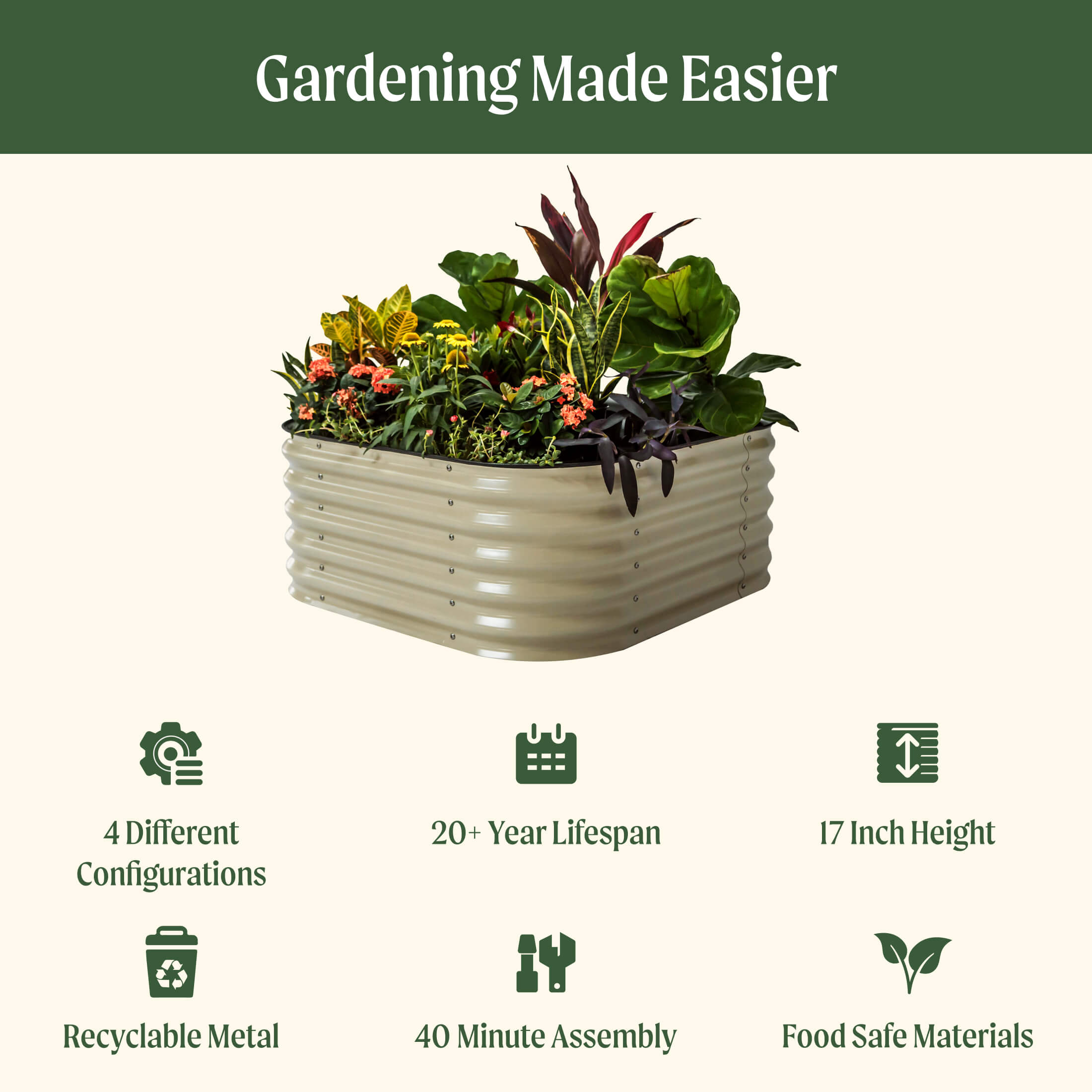 Kit de cama de jardín elevada modular pequeña de metal 4 en 1 de 43 cm de altura