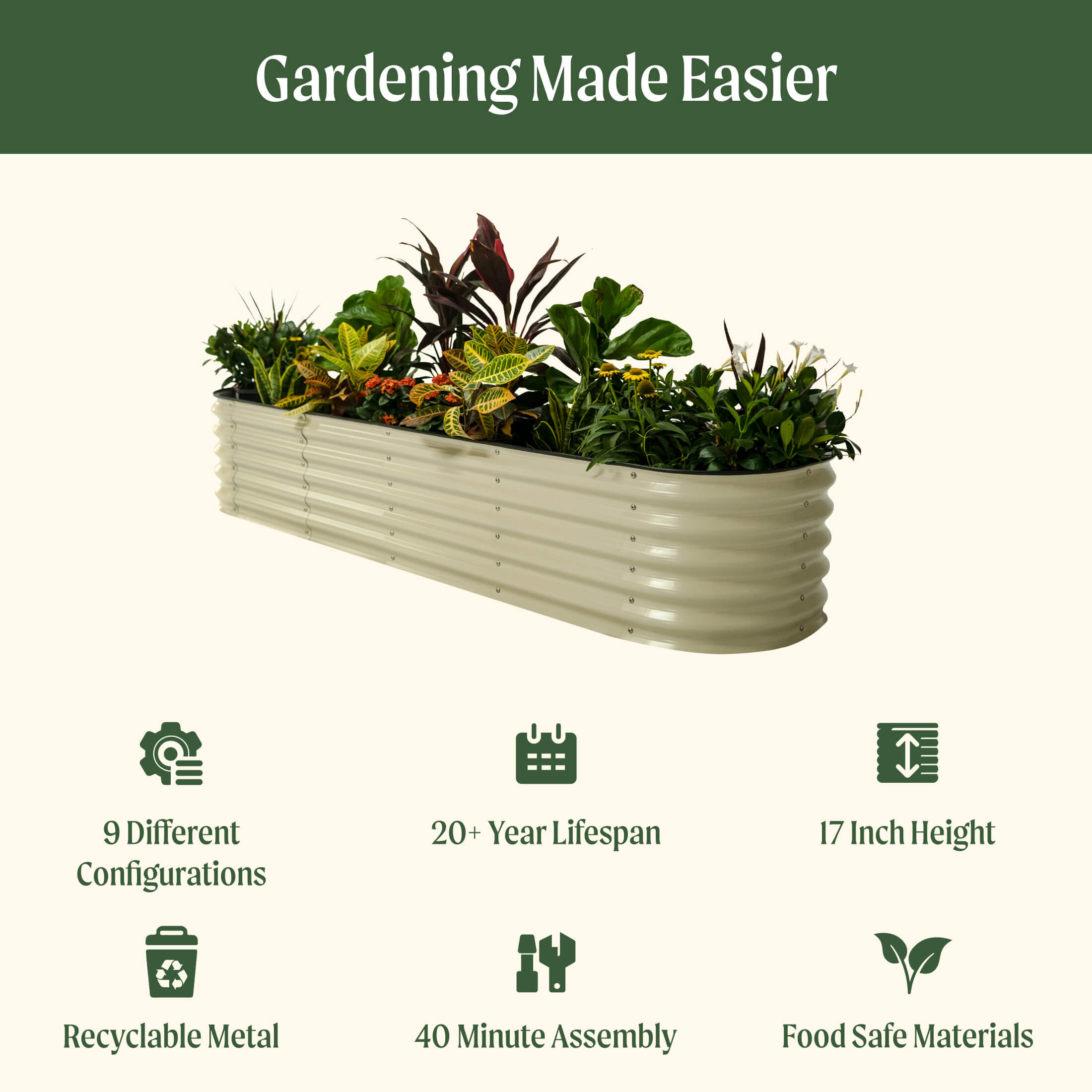 Kit de jardinera modular grande de metal elevada de 17" de alto 9 en 1