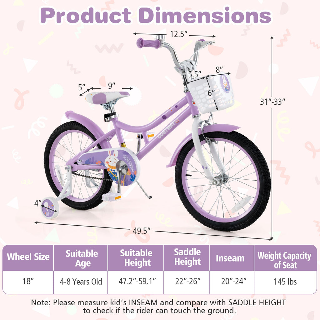 18 Inch Girl Bike with Basket with Detachable Training Wheels for 4-8 Years Old-18 inches