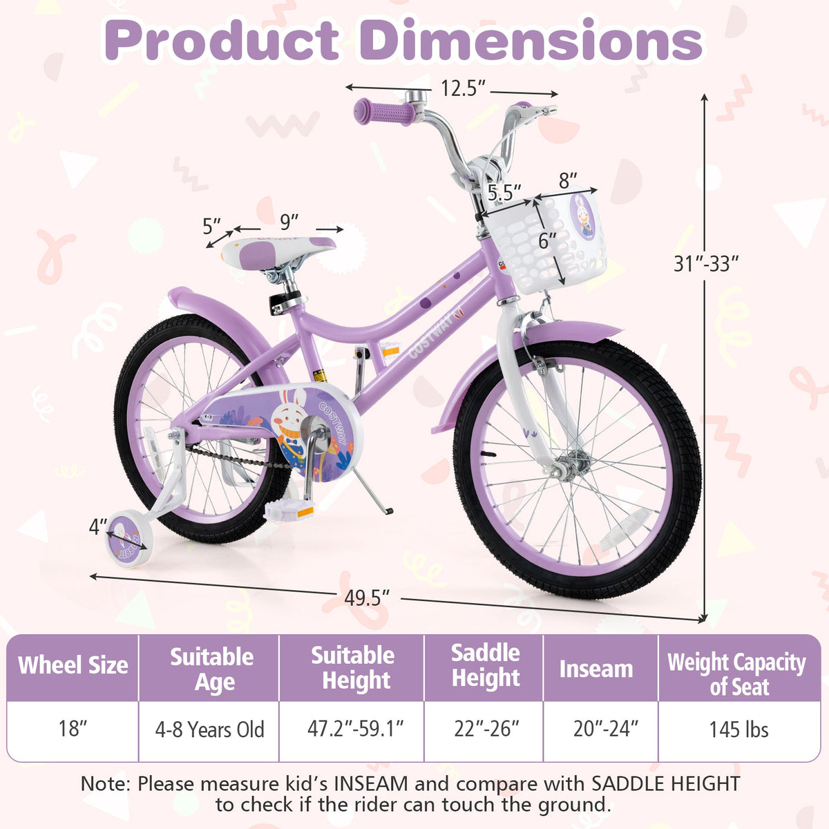 18 Inch Girl Bike with Basket with Detachable Training Wheels for 4-8 Years Old-18 inches