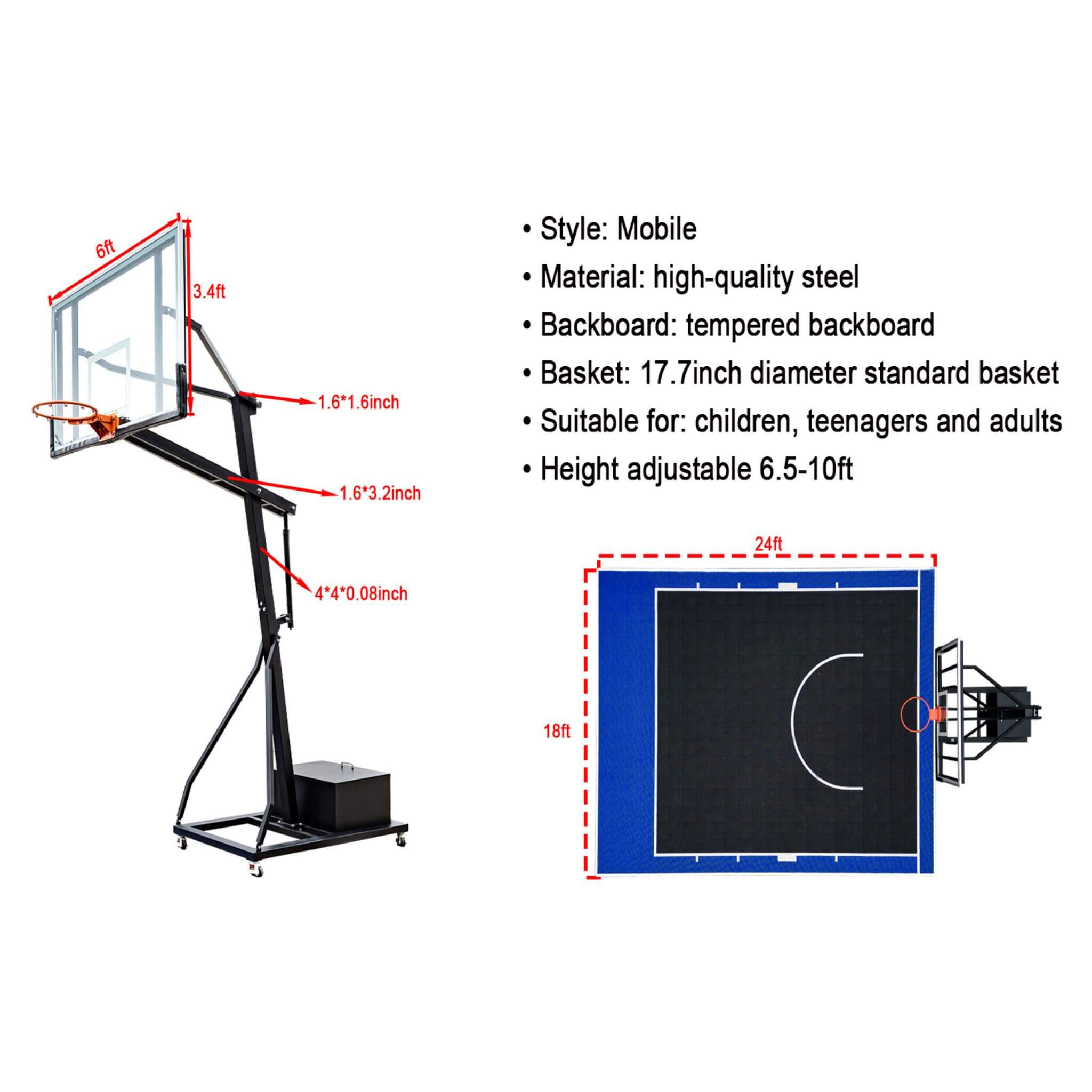 [18X24FT] Aro de Baloncesto Portátil Ajustable de Alta Resistencia Con Cancha (SAK72980)