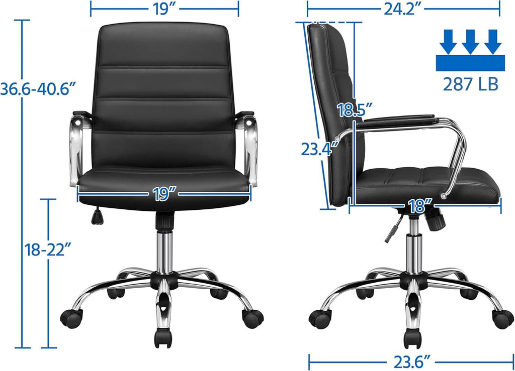 Silla de oficina ergonómica de respaldo medio de cuero sintético negro con soporte lumbar