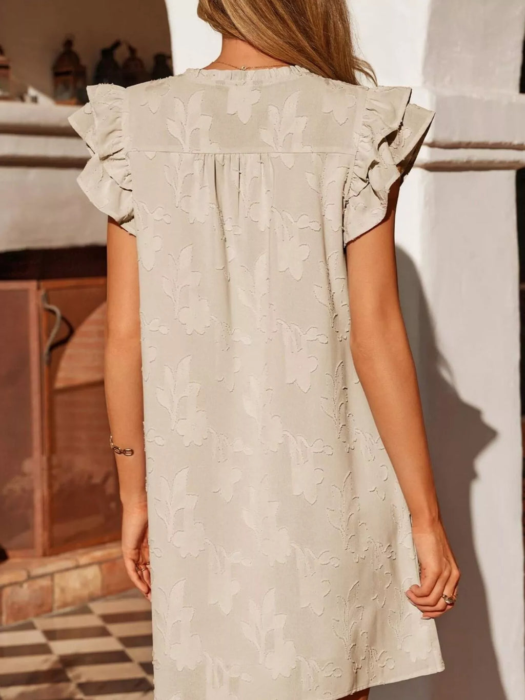 Floral Embossed Ruffle Sleeve Mini Dress